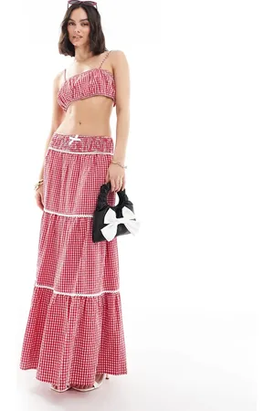 The Frolic Exclusive shirred waist tiered lace trim maxi skirt co-ord in red gingham