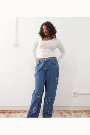 Noisy May Wide leg jeans with star patches in mid wash