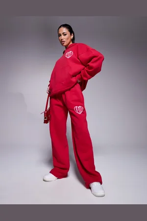 Kaiia Contrast heart logo wide leg deep waistband jogger co-ord in and pink