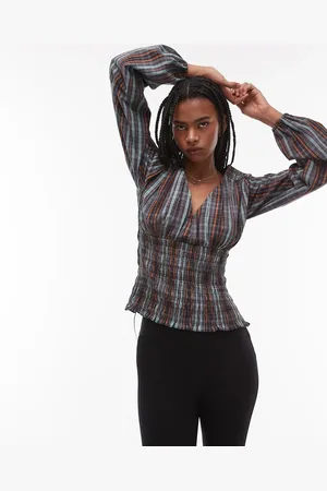 Topshop Shirred top in blue & yellow check