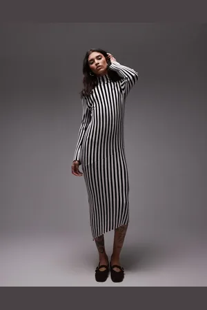 Topshop Knitted plated vertical stripe midi dress with asymmetric hem in black and white