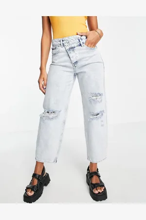 ONLY Juliet low rise asymmetric button ripped boyfriend jean in light blue
