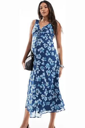 ASOS ASOS DESIGN Maternity V neck midi dress with ruched bust detail in blue floral