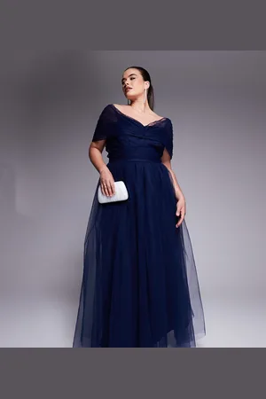 Lace & Beads Bow off shoulder tulle maxi dress in