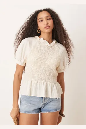 AWARE Shirred puff sleeve top in cream