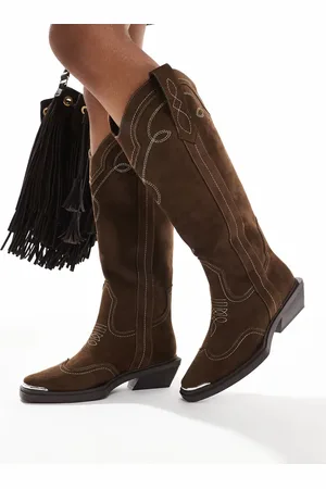 ASOS Celeste flat western knee boots in choc faux suede