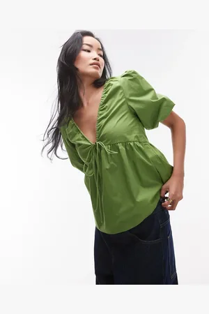 Topshop Poplin puff sleeve top in