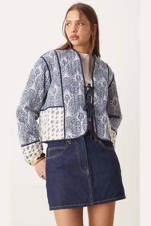 VILA Quilted patchwork paisley print tie front jacket in blue