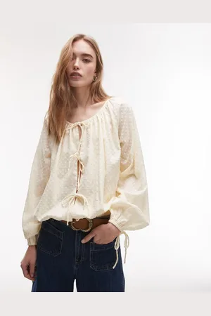 Topshop Dobby ruched neck tie front top in buttermilk