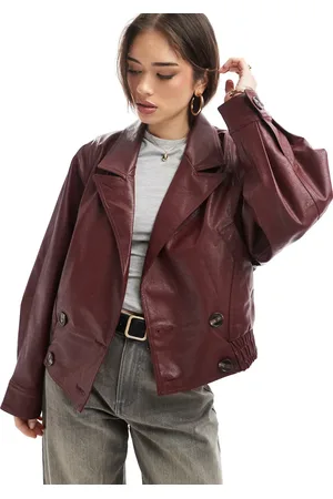 Bershka Faux leather double breasted jacket in burgundy