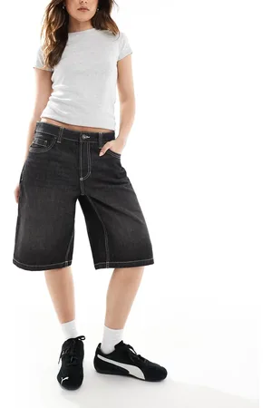 Bershka Baggy longline denim shorts in washed