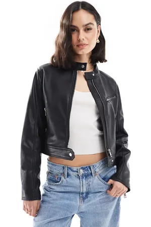Stradivarius Faux leather collarless faux leather jacket in