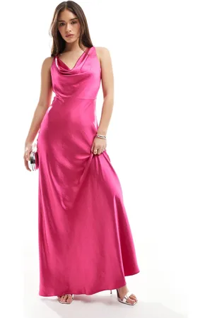 Six Stories Bridesmaid cowl front satin maxi dress in fuchsia