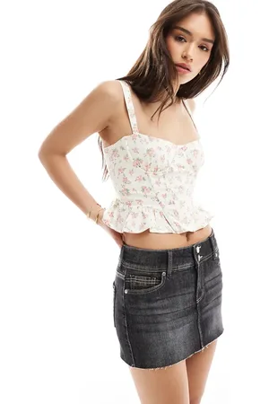 Bershka Tie front corset top in ecru and floral