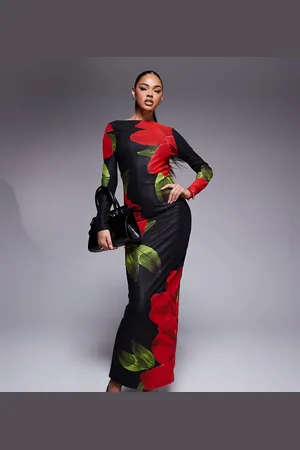 Murci Exclusive mesh slash neck open back bodycon maxi dress in black and red flower print