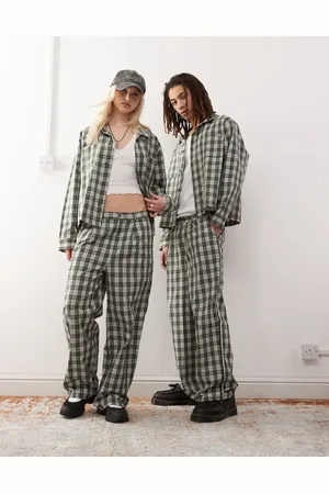 Reclaimed Unisex boxy shirt co-ord with embroidery in green check