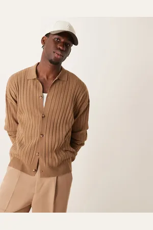 ASOS Relaxed boxy fit knitted long sleeve button through ribbed polo in beige