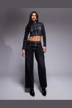 Liquor N Poker Buckle detail baggy jean with contrast stitch detail in washed