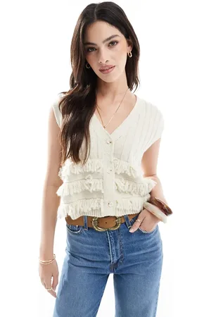 Miss Selfridge Fringe boho knitted vest in cream
