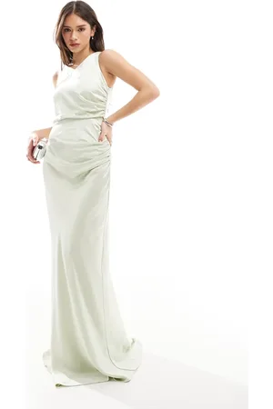 Six Stories Bridesmaid asymmetric cowl satin maxi dress in mint