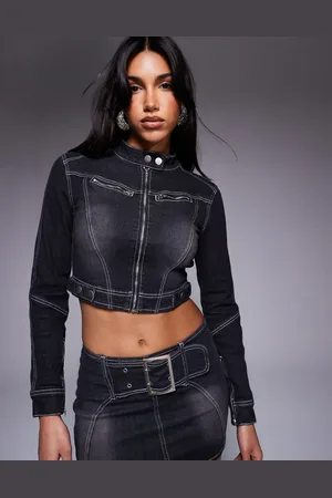 Liquor N Poker Contrast stitch biker jacket with buckle detail in washed