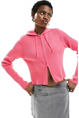 Monki Knitted zip through cardigan with hood in