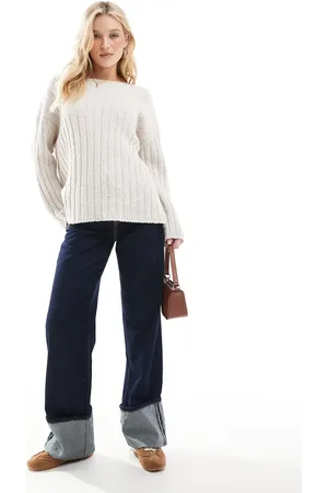ASOS Knitted slash neck textured rib jumper in cream