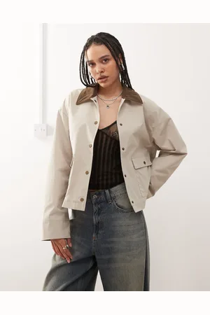 Noisy May Contrast collar lightweight barn jacket in stone