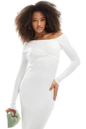 Style Cheat Asymmetric rib knit midi dress in cream