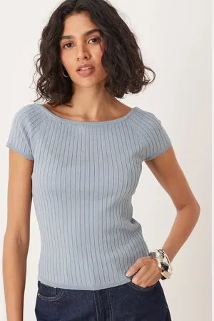 AWARE Ribbed knit off shoulder capped sleeve top in dusty