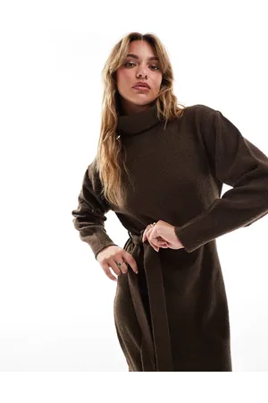 Threadbare Roll neck tie waist midi jumper dress in chocolate