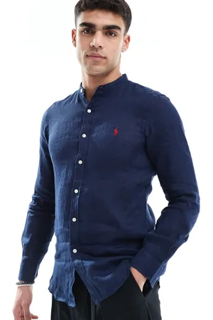 Ralph Lauren Icon logo slim fit grandad collar linen shirt in