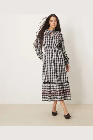 Neon Rose Mutton sleeve smock midaxi dress in gingham
