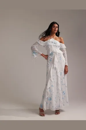 ASOS Bridesmaids ruffle cold shoulder maxi dress in light