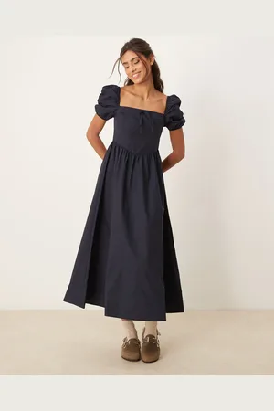 Glamorous Square neck puff sleeve midaxi dress in navy