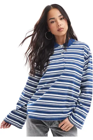 AWARE Long sleeve polo top in and white stripe
