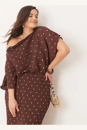 Never Fully Dressed Tilly off shoulder plisse maxi dress in chocolate