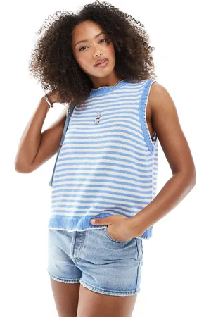 ASOS Knitted tank top with contrast blanket stitch in blue stripe