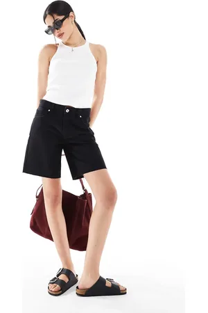 Bershka High waisted raw hem longline denim shorts in washed