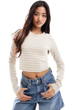 JJXX Feline ribbed cropped long sleeve t-shirt in beige stripe