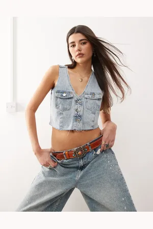 Monki Denim cropped waistcoat in light wash