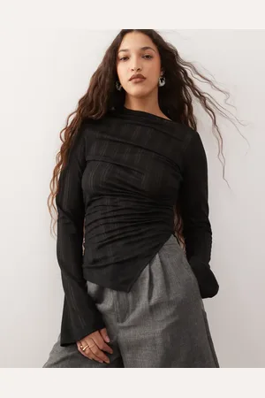 Weekday Sheer mesh stripe asymmetric long sleeve top in