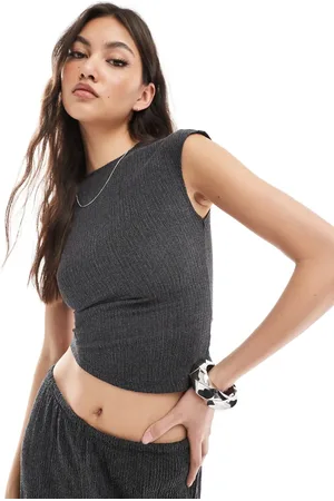 Pull&Bear Textured asymmetric hem top co-ord in charcoal