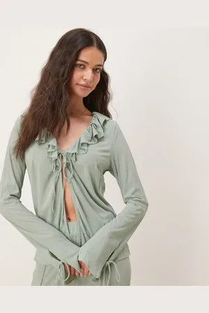 VILA Textured ruffle tie front jersey top co-ord in milieu