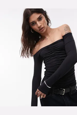 Topshop Jersey ruched bardot long sleeve top in