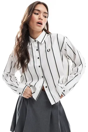 Fred Perry Oversized cropped long sleeve shirt in off with vertical stripes
