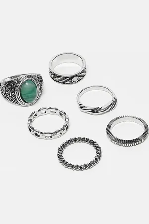 ASOS 6 pack signet ring pack with chain and faux jade stone in tone