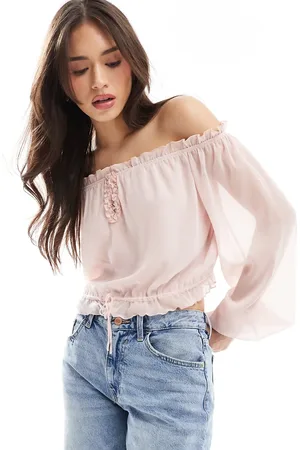 Bershka Ruffle detail bardot top in pale