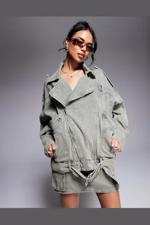 Liquor N Poker Oversized denim biker jacket in washed khaki