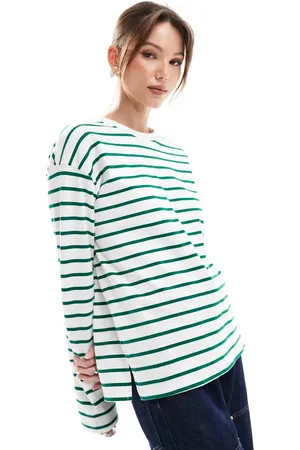 Pimkie Crew neck long sleeve t-shirt in white and green stripe